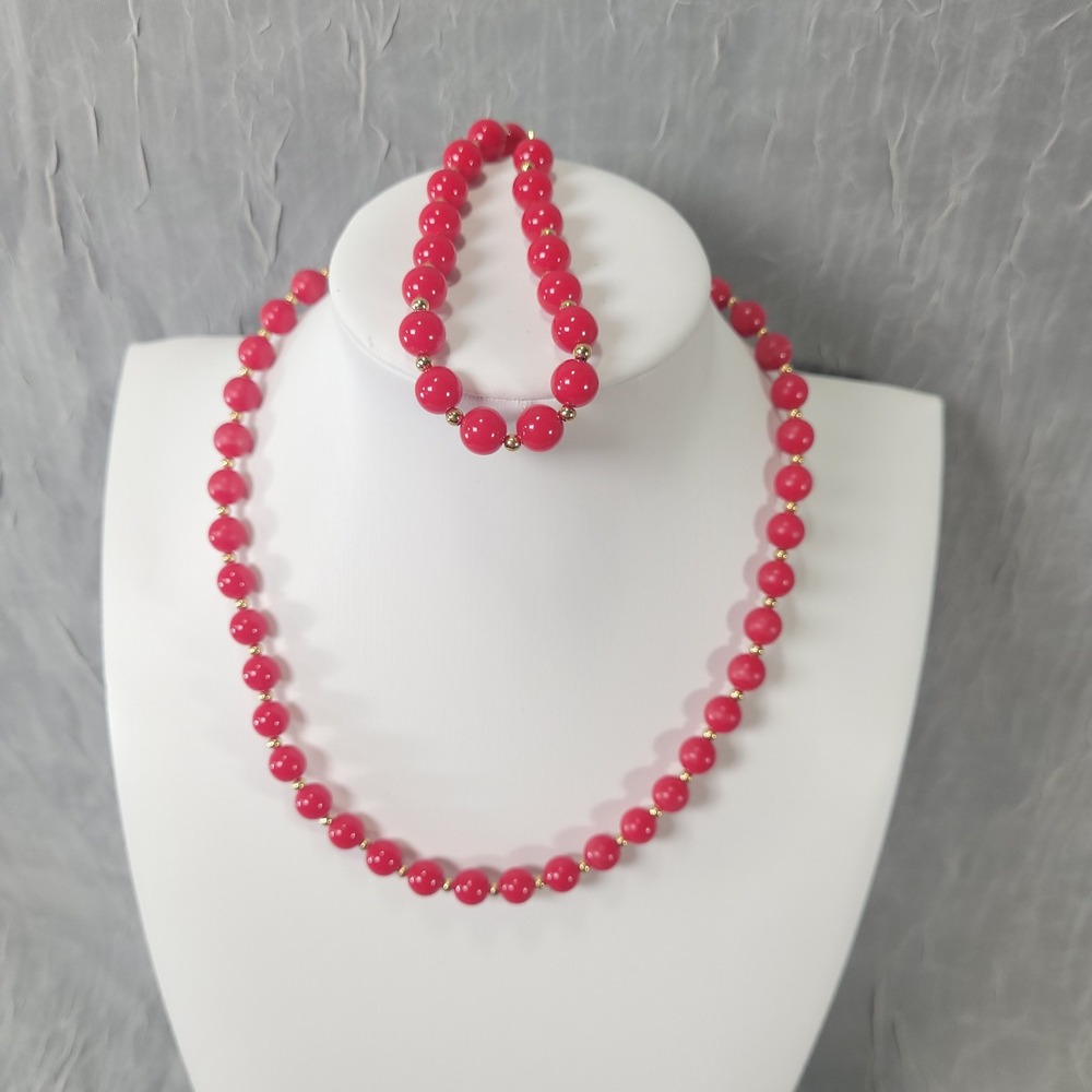 Monet Necklace Bracelet Set Women Red Gold Tone Acrylic Beaded Vintage Style